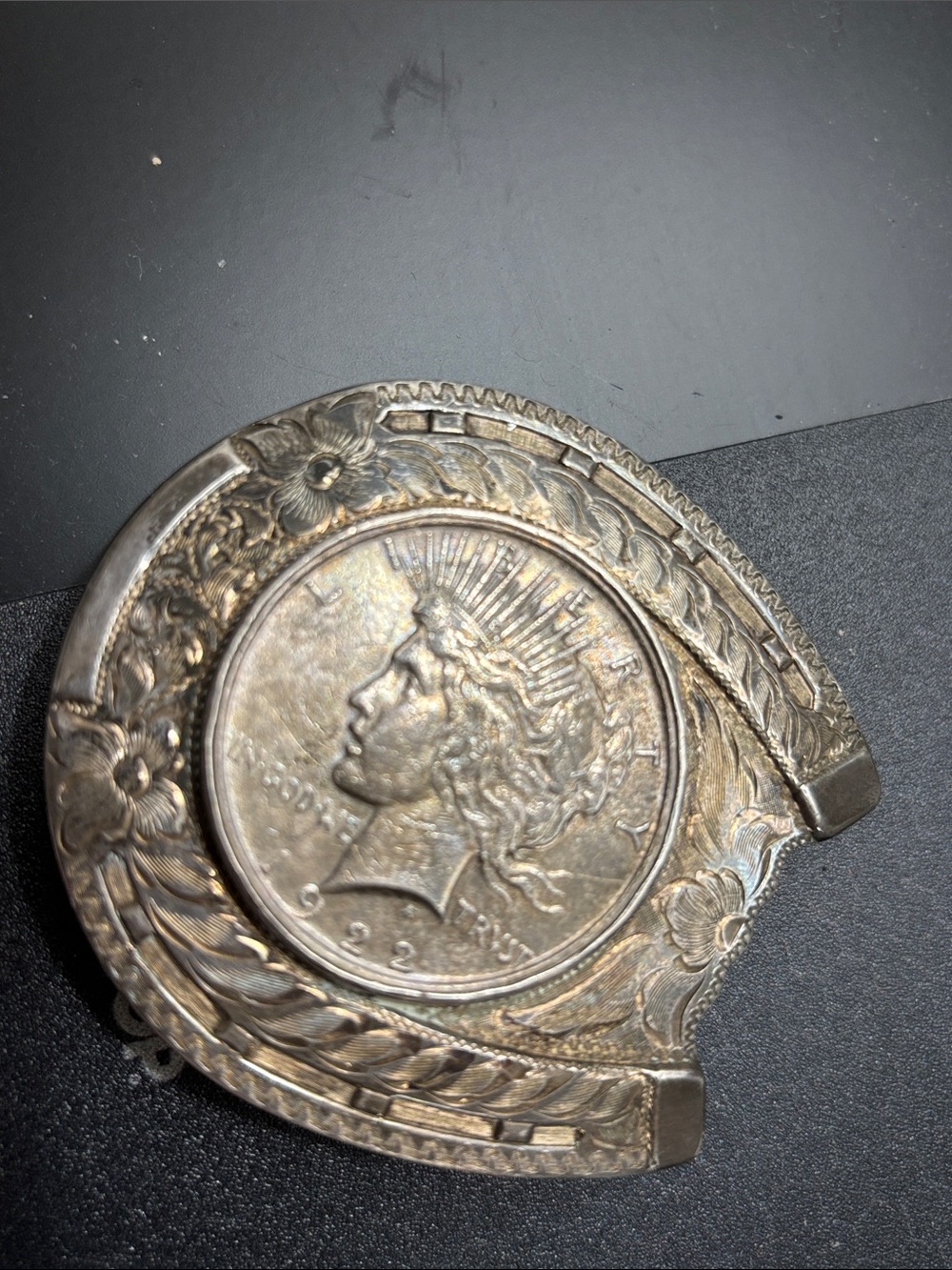 Vintage Sterling Peace Dollar Buckle • 1922 Coin • Hand‑Engraved Western Silver - Picture 2 of 12